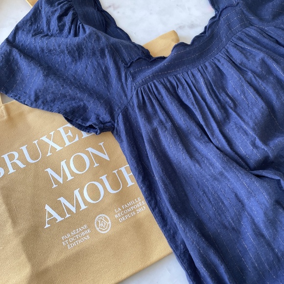 Sezane Caitlin Dress in Navy Blue with Gold Threads with bonus Tote Bag! - Picture 3 of 17